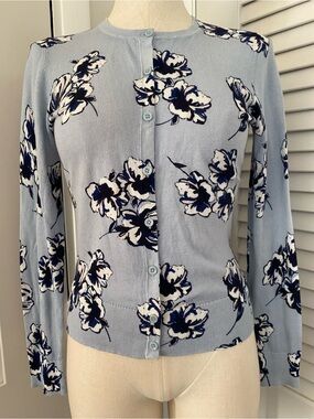 Ann Taylor Light Blue Floral Button-Front Cardigan- Size Small
